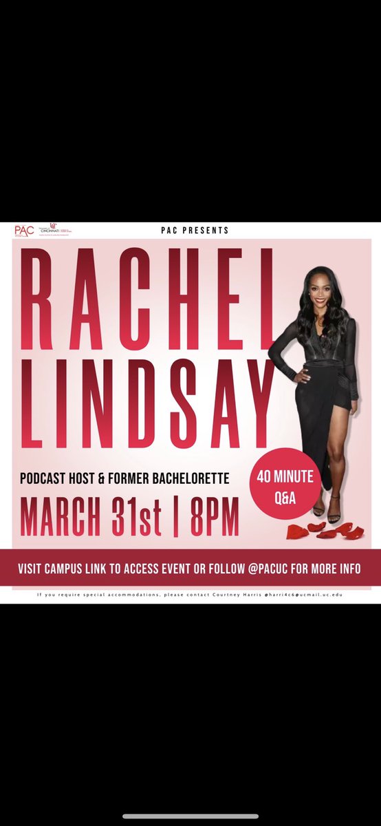 PAC SPEAKER EVENT THIS WEDNESDAY, MARCH 31st ✨✨✨ Come join us on ZOOM at 8pm for a 40 minute Q&amp;A with Podcast host and former Bachelorette RACHEL LINDSAY 🌹 Visit our campus link to access the event, and visit our Instagram for meet &amp; greet giveaway details!!