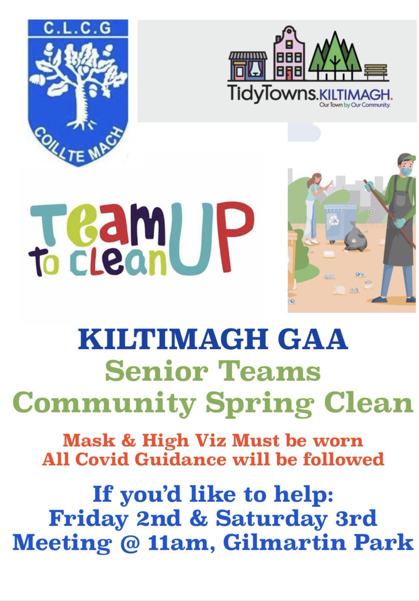 Kiltimagh GAA (@kiltimaghgaa) on Twitter photo This Friday and Saturday our Senior Men’s and Ladies teams will be leading a Community Spring Clean in with Kiltimagh Tidy Towns. If you’d like to help please be at GilmartinPark <a href="/11am/">11 am in morning</a> either/both days. HighViz and Face Masks MUST be worn and all covid guidance will be followed This Friday and Saturday our Senior Men’s and Ladies teams will be leading a Community Spring Clean in with Kiltimagh Tidy Towns. If you’d like to help please be at GilmartinPark <a href="/11am/">11 am in morning</a> either/both days. HighViz and Face Masks MUST be worn and all covid guidance will be followed