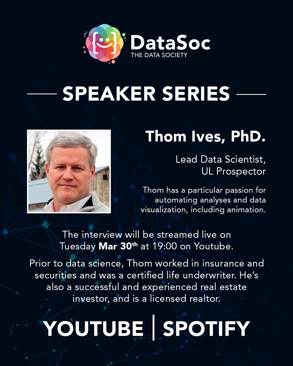 thedatasoc's tweet image. ** 𝐋𝐢𝐯𝐞 𝐒𝐩𝐞𝐚𝐤𝐞𝐫 𝐒𝐞𝐫𝐢𝐞𝐬 - 𝐓𝐡𝐨𝐦 𝐈𝐯𝐞𝐬 **

This will be streamed LIVE tomorrow Tuesday 30th March on YouTube &amp;amp; LinkedIn @ 7pm.

Watch it here 👉 youtube.com/channel/UC2B4W…

#DataSoc