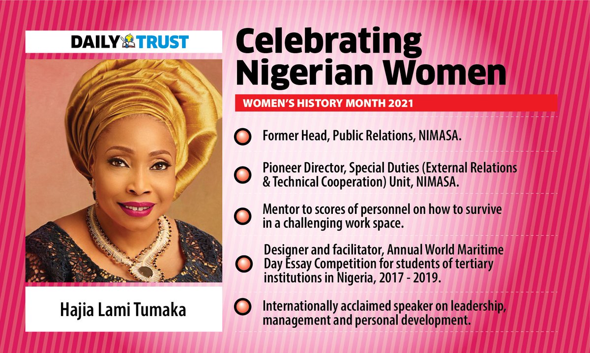 daily_trust's tweet image. @daily Trust is celebrating the works of @lami_tumaka who served the Nigerian Maritime Administration and Safety Agency (NIMASA) in so many capacities

#DTWomensMarch #WomensHistoryMonth #March2021
