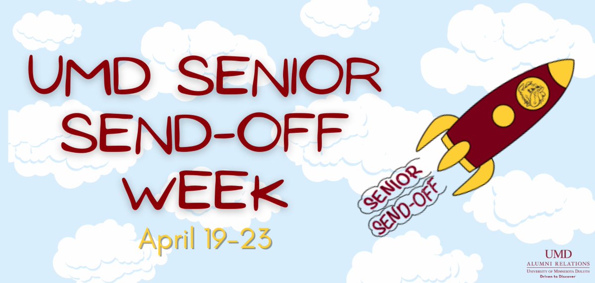 🎓 Attention UMD graduating seniors! 🎓

We invite you to join your classmates to celebrate this great milestone by attending Senior Send-Off week. Visit the link below to explore and learn more! 

alumni.d.umn.edu/SeniorSendOff
