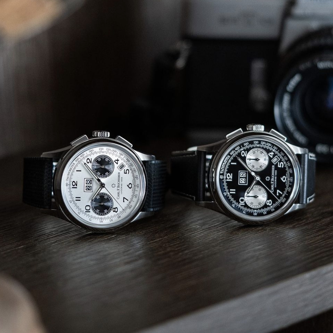 Black or White? The new Carl F. Bucherer Heritage BiCompax Annual sits on either a black leather strap with silver-coloured stitching and folding pin buckle, or a comfortable sporty rubber strap. Contact #ProvidentJewelry for availability