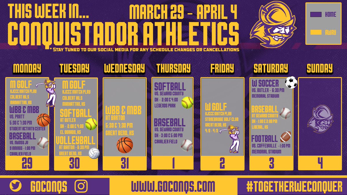 GoConqs's tweet photo. This Week In Conquistador Athletics
@GoConqsWBB and @GoConqsMBB have last home game on 3/29
@GoConqsWSoccer gets in the mix with their first game of the year at home on 4/3
@GoConqsVB opens Region VI Tournament play 3/30 with a trip to Great Bend.
#GoConqs // #HowWeConquer https://t.co/IZdpzQrwUD