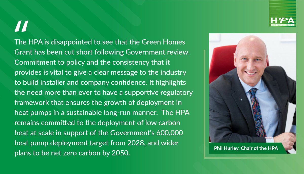 The HPA is disappointed to hear that the Green Homes Grant scheme is ending following Government review.

Now more than ever, commitment to policy is crucial in inspiring confidence in #heatpump technology.

#greenhomesgrant #netzero #lowcarbon