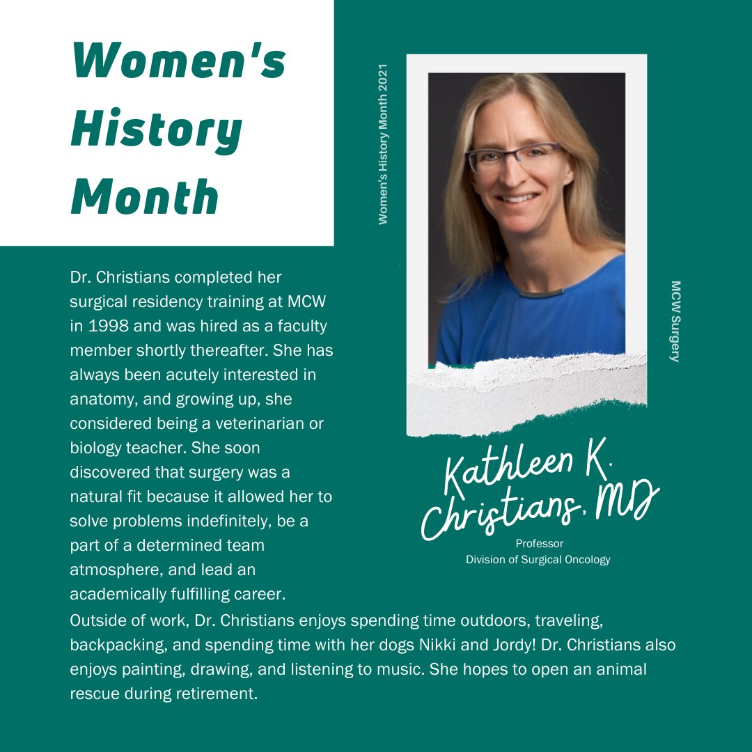 MCWSurgery's tweet photo. Itโs #WomensHistoryMonth and weโre featuring Dr. Kathleen Christians, a pioneer in @mcwsurgonc! She chose surgery because solve problems indefinitely, be a part of a determined team atmosphere, & lead an academically fulfilling career. @MedicalCollege #leadingthway #whymcwsurgery https://t.co/6xj3keuF89