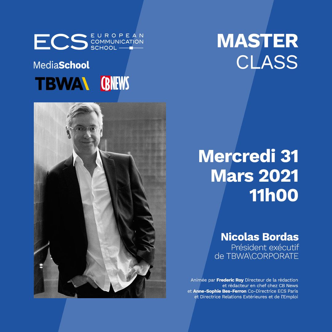 💻 <a href="/nicolasbordas/">nicolas bordas </a> Président exécutif de <a href="/TBWACORPORATE/">TBWA\Corporate</a> sera l’invité exceptionnel de la prochaine Masterclass de <a href="/ECSParis/">ECS Paris</a> et CB News, qui aura lieu mercredi 31 mars 2021 à 11 heures
.
Inscriptions → bit.ly/3m07RNP