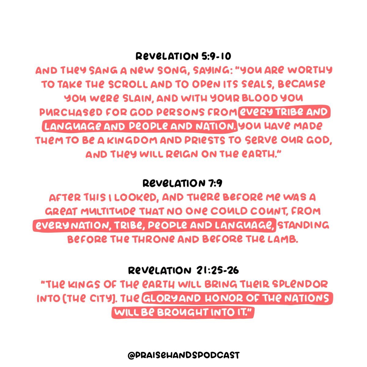 praisehands's tweet photo. ❗️ SAVE &amp; SHARE ❗️

Rev. 5:9-10
Rev. 7:9
Rev. 21:25-16

These Scriptures give us hope as we look into a future of multicultural worship!  🙌🏾 🙌🏼  What other scriptures can you think of about multiculturalism/ multicultural worship?

#PraiseHands #Revelation #Multiculturalworship https://t.co/VdoggZZmLp