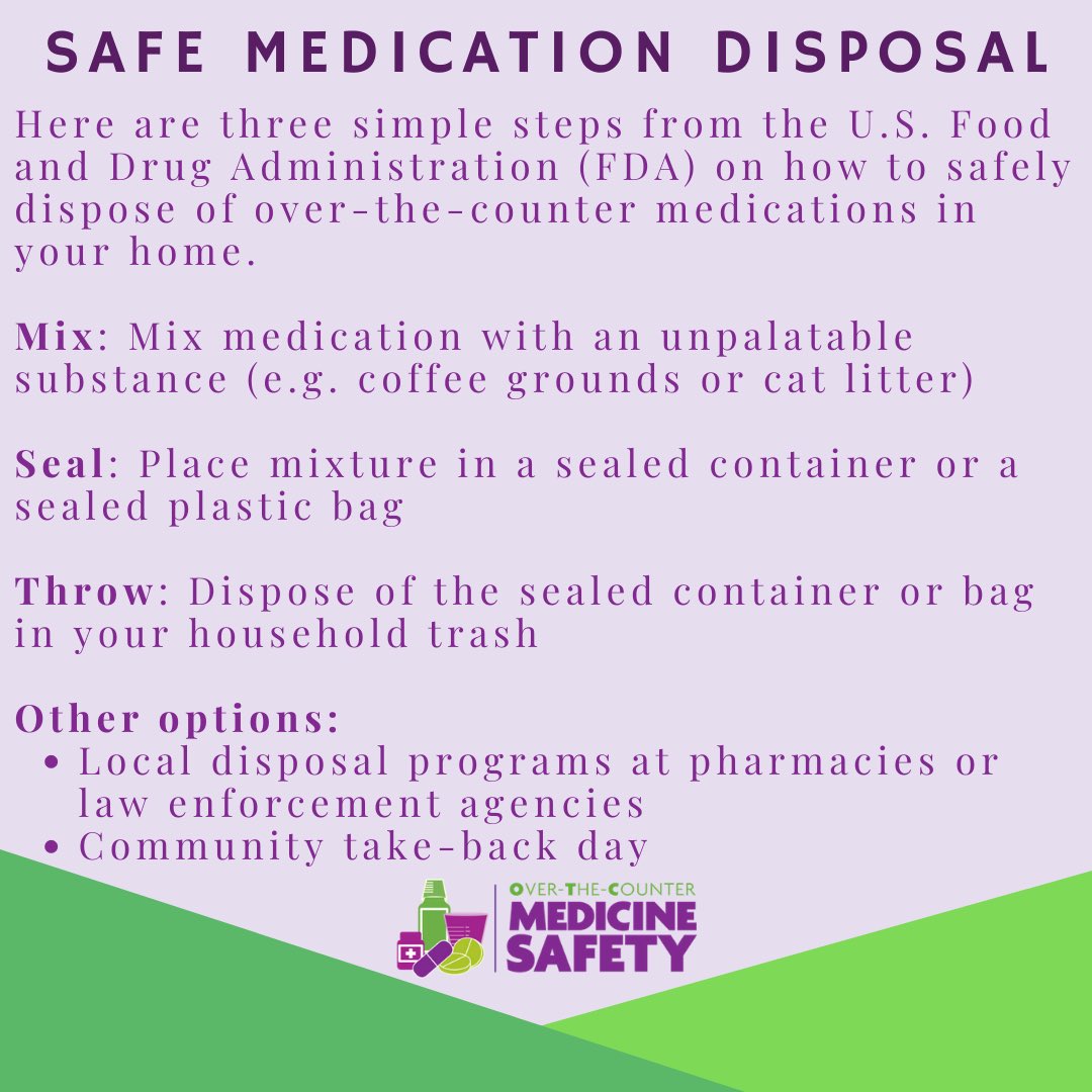 ACPHSAPhAASP's tweet photo. Welcome to Day 8 of the OTC Medicine Safety social media campaign!
Today we will discuss how to properly dispose of expired or unwanted medication. https://t.co/SCehJqmLdT