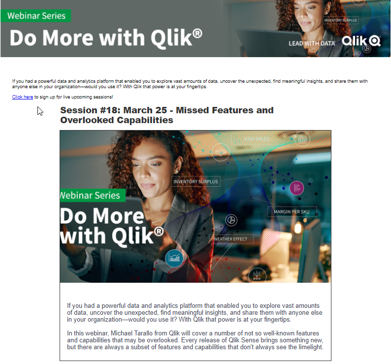 Did you miss last week's Do More with <a href="/Qlik/">Qlik</a>? No worries - check out the Do More Archive - I covered Missed Features &amp; overlooked capabilities

go.qlik.com/Do_More_with_Q…

and join <a href="/goldbergjeffrey/">Jeff Goldberg</a> &amp; I on 4/8 - Jeff will introduce you to Webhooks integration:

go.qlik.com/Do_More_with_Q…