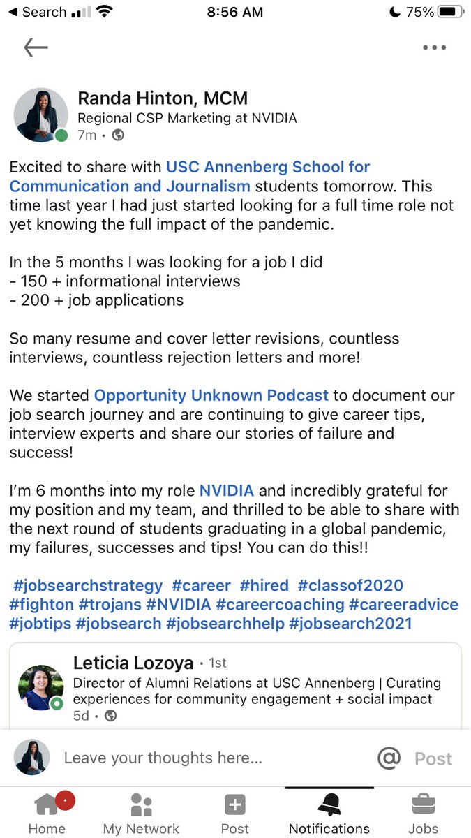 randahintonco's tweet image. Excited to speak with @USCAnnenberg students tomorrow! In the 5 months I was #jobhunting in 2020, I did 150+ #informationalinterviews, 200+ #jobapps and more! Grateful to be on the other side and to be able to give back! #Classof2021 you got this!
