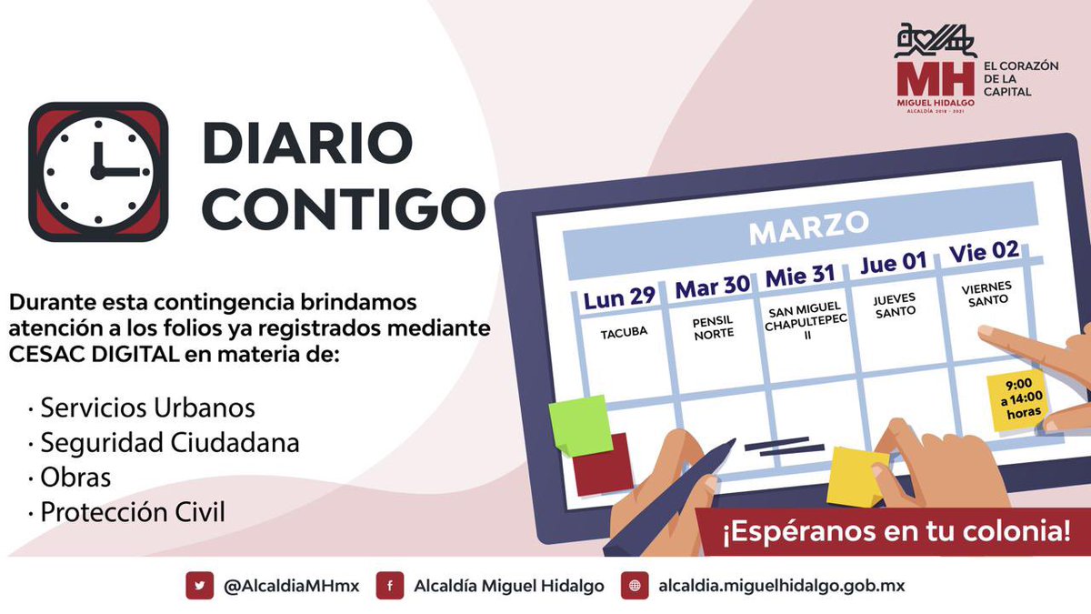 AlcaldiaMHmx's tweet photo. Buenos días ☀️ 
Les compartimos el calendario de #DiarioCONTIGO para esta semana.

#MHelCorazónDeLaCapital https://t.co/0rFzKWcOsr