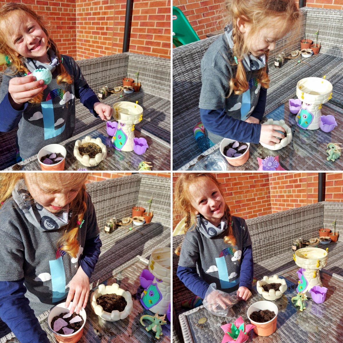We've been planting the <a href="/MyFairyGardenUK/">My Fairy Garden</a> Dragon Tower and baby fairy that we got Lily for her birthday last July 🧚‍♀️😍💚 Love how the flower petals are the seeds 🌸🌿 @InterplayUKltd #myfairygarden #spring