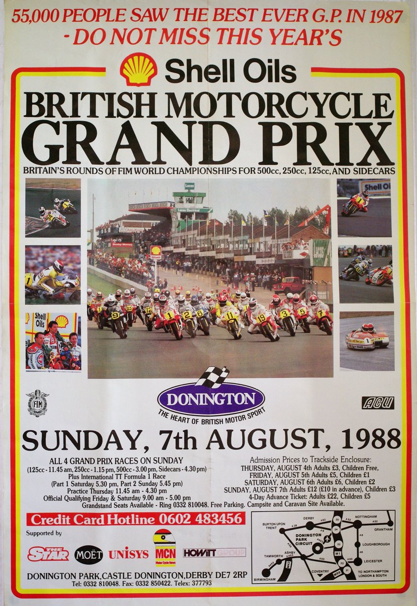 WHEELZWHEELER's tweet photo. Chuffed to have picked up this bit of motorcycling memorabilia, a 1988 British GP poster in good condition. Race day 12 quid @DoningtonParkUK. Centre pic, centre of @niallmackenzie1 #SteveWebster sidecar 🏍️😀 https://t.co/DbpdROZ55U