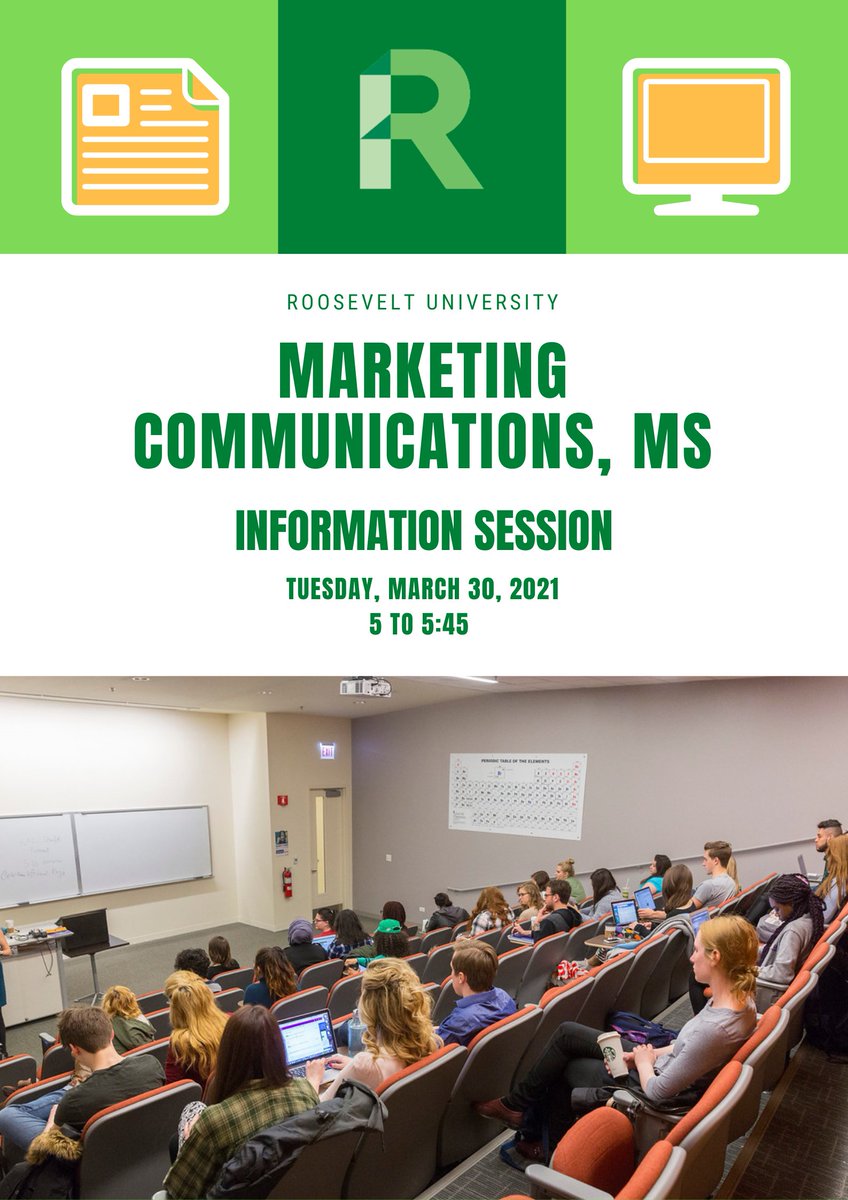 RooseveltUCHESS's tweet photo. Obtain hands-on skills to advance your career marketing!
Our next info. session will provide an overview of our Marketing Communications (MS) program, employment and job opportunities and application requirements. Register here: https://t.co/DtcFsOsYix
#RUCASGRAD https://t.co/xjpwjFQLwH