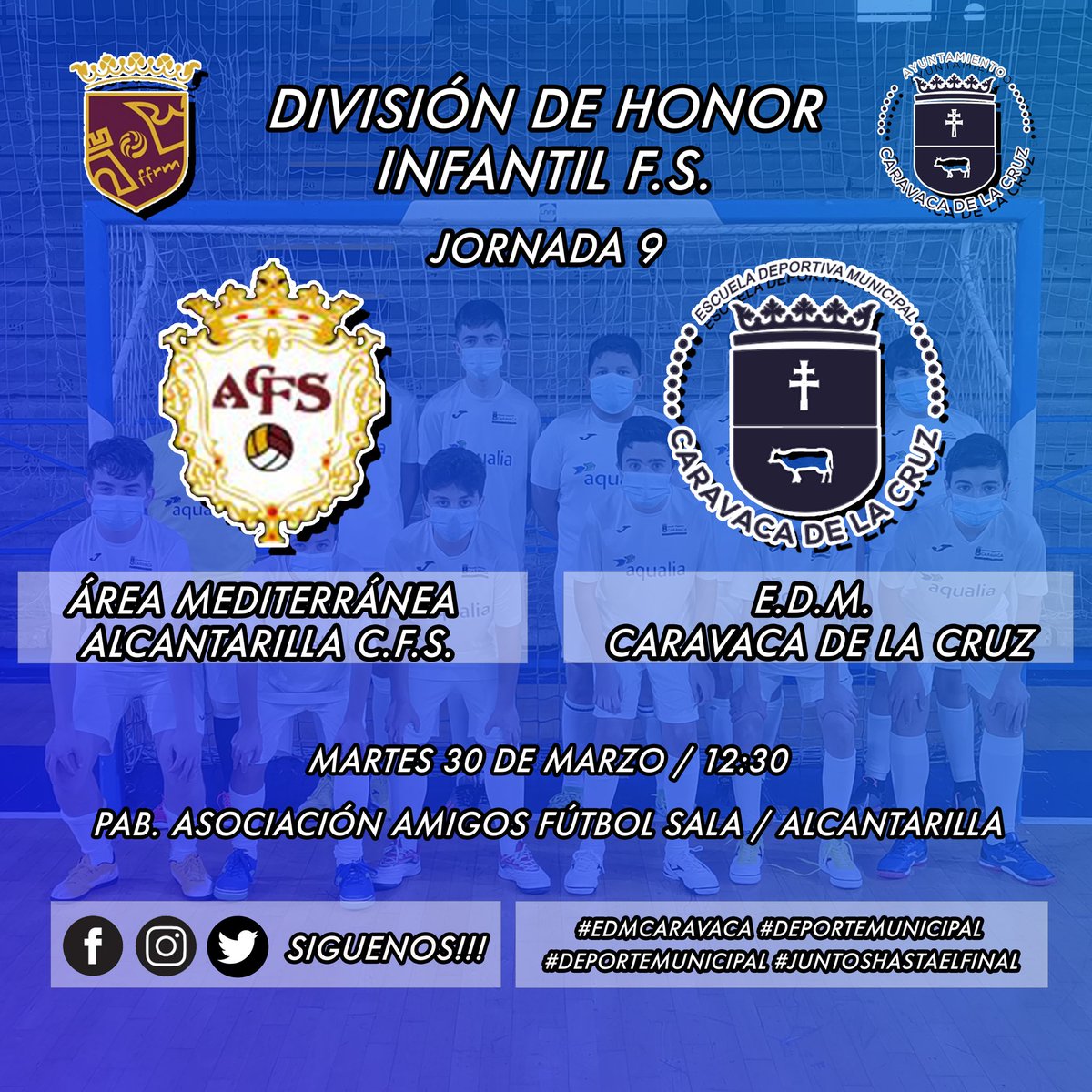 📅 Martes 30 de Marzo
🏆 División Honor Cadete FS
⚽ Jornada 10
🕒 10:30 horas
🏆 División Honor Infantil FS
⚽ Jornada 9
🕒 12:30 horas
🆚 <a href="/CfsAlcantarilla/">ALCANTARILLA CFS</a>
📌 Pab. Aso. Amigos FS
📍 Alcantarilla 
#edmcaravaca
#deportemunicipal
#somoscaravacafs
#juntoshastaelfinal