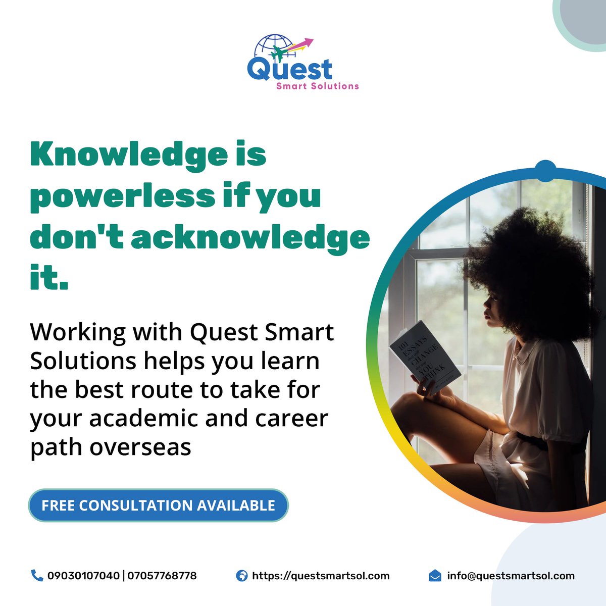 questsmartsol's tweet photo. Knowledge is powerless if you don't acknowledge it.  Working with Quest Smart helps you learn the best route to take for your academic and career path overseas. Free consultation available.

#StudyAbroad #InternationalStudy #Travel #OverseasEducation #AcademicConsultant #QSS https://t.co/OHRaVyl4hN