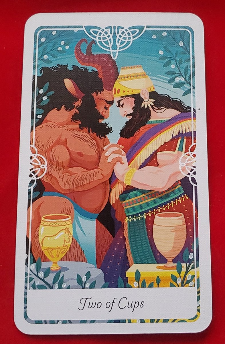 Kryocor3's tweet image. Learning the stories connected to my new tarot deck. Tarot of the Divine by @yoshisquared! Our first card is the Two of Cups. Enkidu and Gilgamesh share a peaceful moment of grounding and love. The trust and connection here takes my breath away.