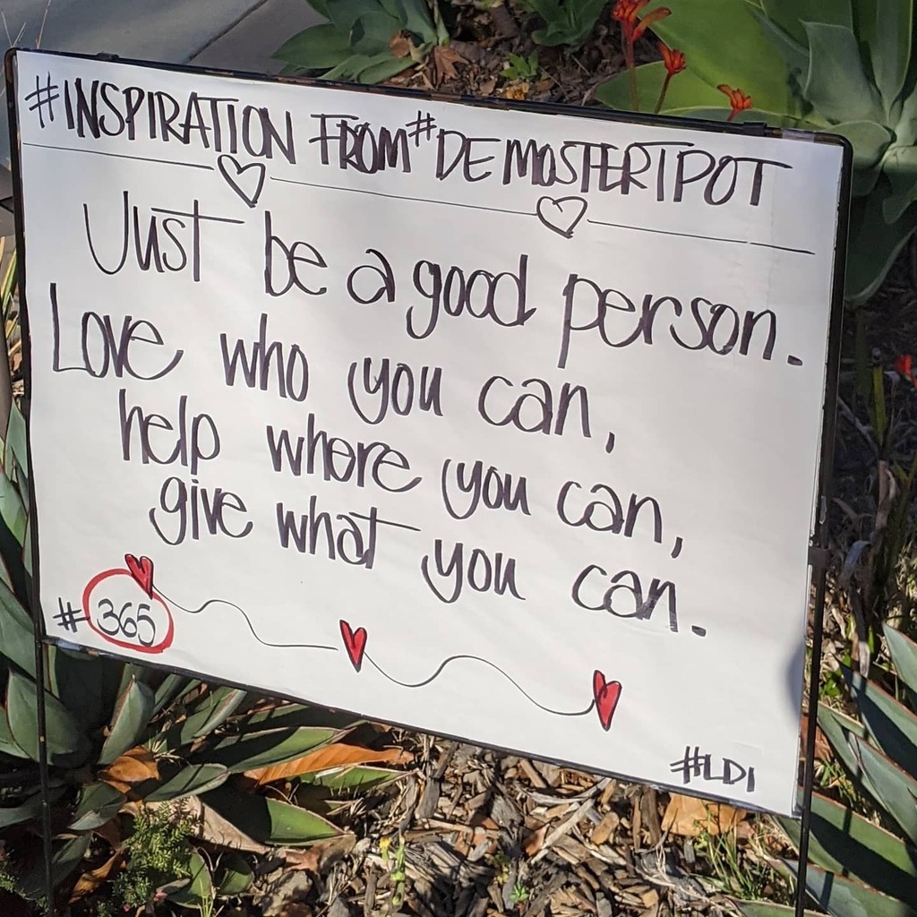 MossieSD's tweet photo. After 365 consecutive postings, it ends with:
Do what you can and be a nice person...
#demostertpot #inspiration #lacostalvalley #carlsbad #vintales #wineandwildlife #wecandothis #wearyourmask #neighborhood @carlmostert #livingdesigninteriors
#dowhatyo… https://t.co/1INQyusDWn https://t.co/iNXlGuOXCW