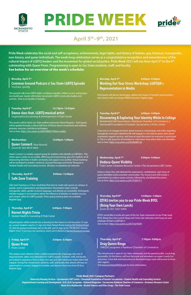 SacStatePride's tweet image. Pride week is almost here 👏🏾👏🏾👏🏾👏🏾. Check out the link to learn more about all of our programs and save those dates!  🎉🎉🎉🎉🎉 csus.edu/news/newsroom/… @sacstate @SacStateStudent