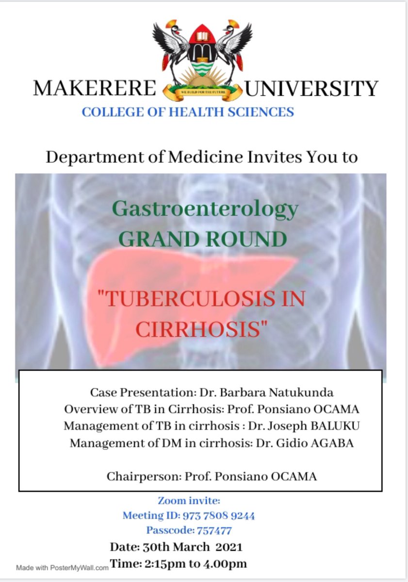 The Department of Medicine brings a Grand Round this week scheduled tomorrow (Tues 30/3/21) @2pm via zoom. See poster for more details. Cc @MakCHS_SOM @MakerereCHS @MakerereU @Lung_Institute @IDIMakerere @kirudduNRH @MulagoHospital @MinofHealthUG