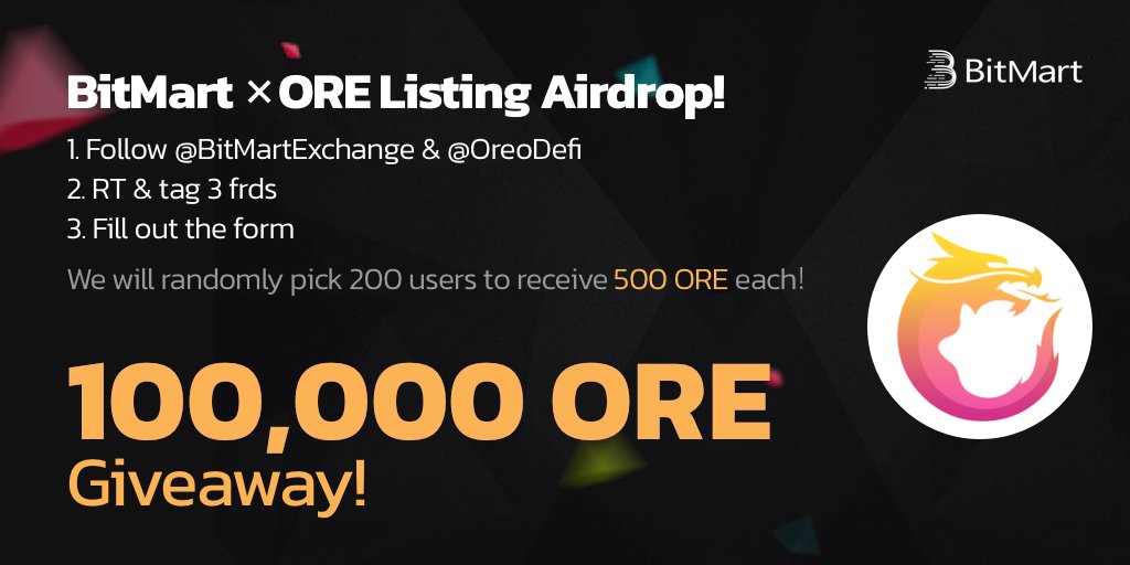🤩To celebrate the @OreoDefi ( $ORE) listing on Mar 30, we’re giving away 100,000 ORE !

1) Follow <a href="/BitMartExchange/">BitMart</a> &amp; @OreoDefi 
2) RT &amp; tag 3 frds
3)Fill info :forms.gle/FatqpFvrTajatQ… 

✨Participate to get 500 ORE each !
⏰Airdrop entry closes at 11:59 PM EDT April 1, 2021.