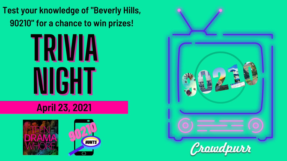 90210HUNTS's tweet photo. #TRIVIA NIGHT WITH @SIZZLEMAKER IS COMING ON APRIL 23. Test your knowledge of the famous TV show ZIP code for a chance to win #prizes, including an autographed digital script from executive producer Charles Rosin of winner's choice from S1-5: https://t.co/wTHSmITGbb. #90210hunts https://t.co/24kaFUjqF1