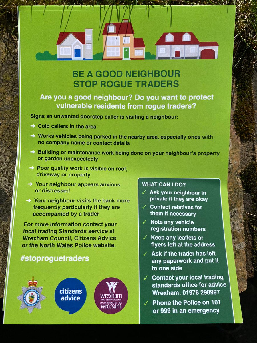 NWPWrexhamTown's tweet photo. PCSO Roden has been providing advice & handing out leaflets to residents in Offa to help prevent bogus callers & rogue traders targeting residents #WrexhamTown #HereForYou #OpBlueInstinct #OneTeam #OnTheBeat #HereToKeepYouSafe https://t.co/pe7hSy1qhX