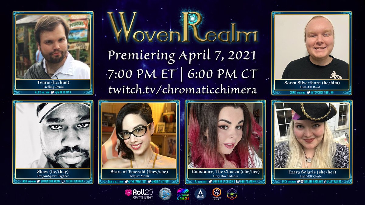 ChromatiChimera's tweet photo. Premiering April 7th: 
WovenRealm is a multi-world adventure taking place after the events of our founding campaigns #AgorasBells &amp; #SteamSpell.

We’re so excited to share this story with you as a @PelgranePress #13thAge Independent Broadcaster! https://t.co/gDwfZKzjq5