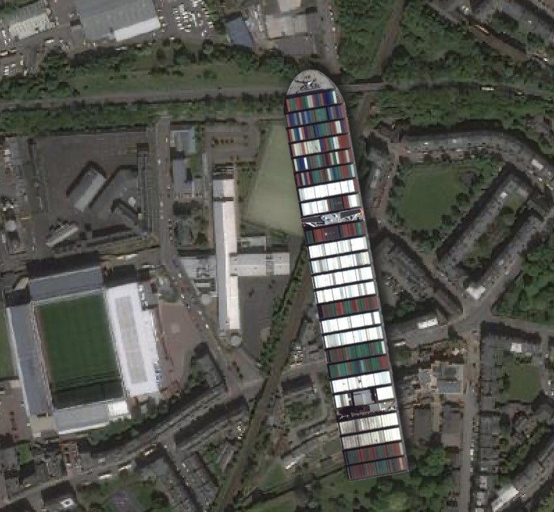 What it would be like if the Evergreen container ship was stuck over Tynecastle HS instead of the Suez Canal!