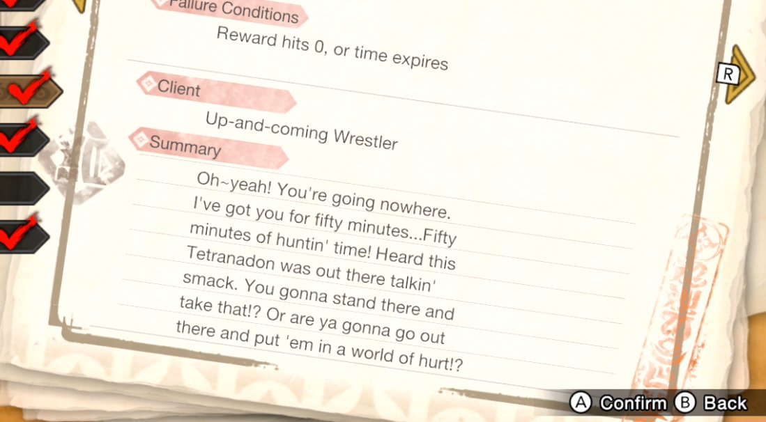 Renzo_Knuckles's tweet photo. Monster Hunter Rise (2021, Nintendo Switch) has a quest description that is word for word from Macho Man Randy Savage's lines from his role as Bone Saw McGraw in Spider-Man (2002)

for this reason alone, it is my game of the year. no further questions https://t.co/krEtudJehN