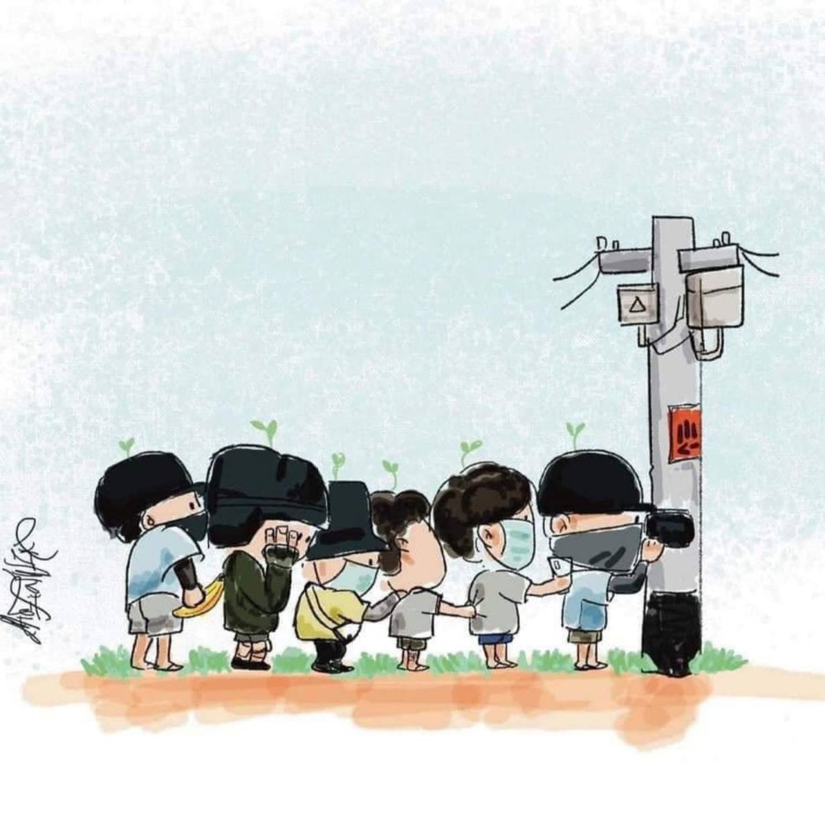 The cute illustration of our brave protesters queuing behind the light pole as a cover and looked out for terrorist with binoculars. 
JUNTA MASSACRE 
#Mar29Coup
#WhatsHappeningInMyanmar