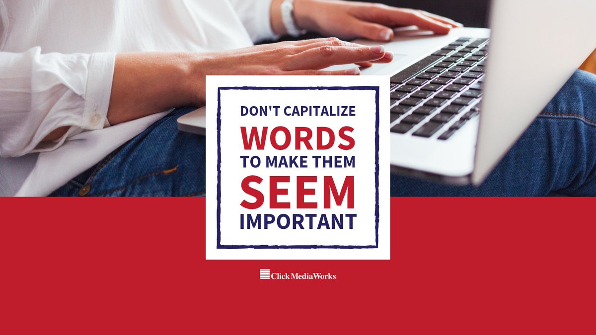 ClickMediaWorks's tweet image. When writing for #business, don&apos;t capitalize words to make them seem important.⁣

(When you put a capital/uppercase letter at the beginning of a word, you capitalize it. This is not the same as using &quot;all caps.&quot;)
.
.
.
#ProWriterTips
#WritingTips⁣
#BizWritingTips⁣
#WordsMatter