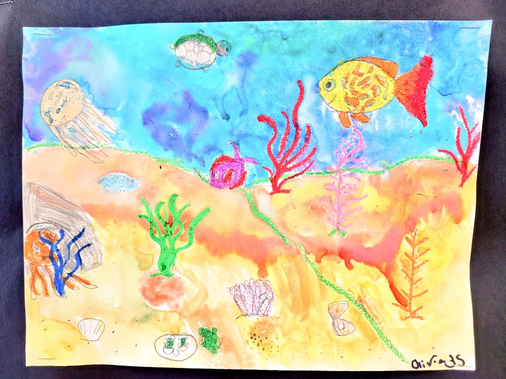 JuliaGoggi's tweet photo. A sampling of 3rd grade underwater scenes. #academicchoice using composition, color and mediums. #responsiveclassroom #100languages https://t.co/jgk95FQJ3T