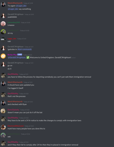 Do the government even know how to handle immigration? An anonymous source has provided us with a picture of a conversation which was server administrators confronting Secretary of State for Justice MarkJWentworth about how he wrongfully put citizens in Immigration Removal.