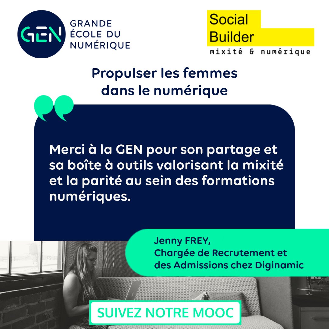 Ecole_Numerique's tweet photo. 22% des inscrits à notre #MOOC pour propulser les femmes dans le numérique viennent des formations labellisées #GEN.
Parmi eux, Jenny Frey de @Diginamic nous a fait un retour très positif !
🚀 MOOC ouvert à toutes et tous
📣 Inscriptions : https://t.co/aM4K1DN24o
@SocialBuilder https://t.co/pKAZMrlYgF
