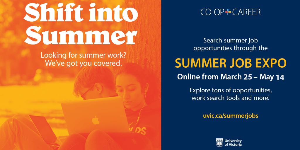 uviccoopcareer's tweet photo. Looking for a summer job?

Find work search tips, job postings and more during Shift into Summer. At our online summer expo you can see current job postings, tips for working remotely, and our recommended job posting sites. #jobsearch #summerjob #workterm

https://t.co/IDADW6d85j https://t.co/PNghE5oDM5