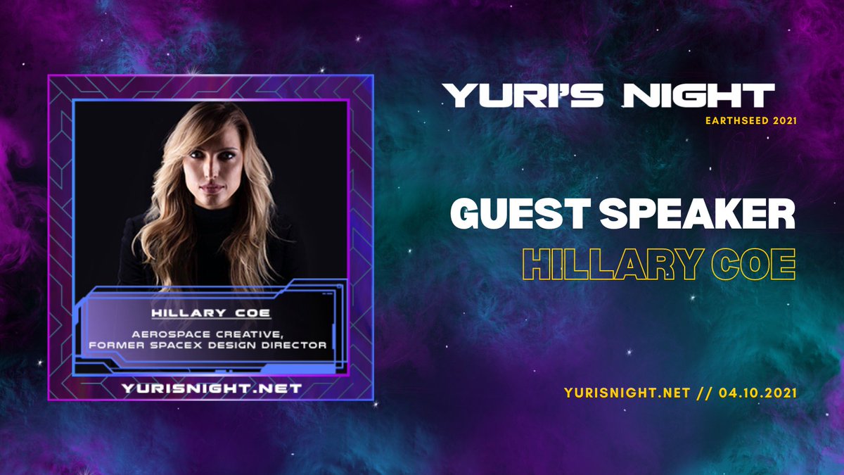 YurisNight's tweet photo. CONFIRMED: Hillary Coe (@Hillarycoe)
Aerospace creative and former @SpaceX Design Director, Hillary Coe, will be joining us for the 20th Anniversary of Yuri's Night on April 10th, 2020. #YN20 https://t.co/yFMmrGBTYZ