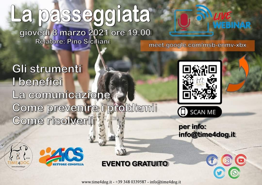 Time4Dog's tweet image. Vi aspettiamo giovedì, 8 aprile 2021, alle ore 19.00 per un webinar dedicato alla passeggiata, parleremo di:
-Gli strumenti
-I benefici 
-La comunicazione
-Come prevenire i problemi
-Come risolverli
Questo il link per il collegamento:
meet.google.com/msb-enmv-xbx

#time4dog #webinar