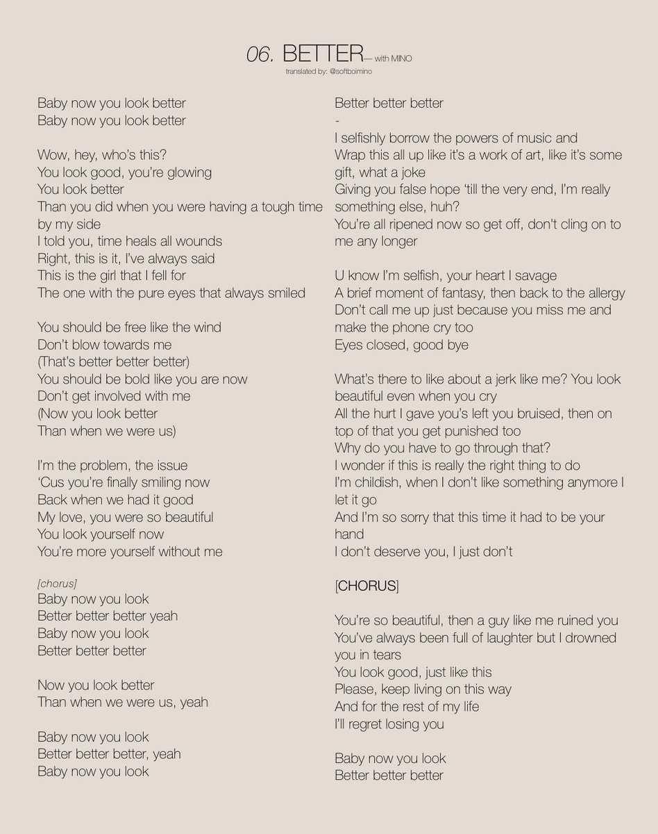 softboimino's tweet photo. Translations of lyrics for '안 봐도 (OBVIOUS) - featuring Simon Dominic)', 'BETTER (with #MINO)', 'CAPTAIN', and '뜨거웠던가요 (WERE WE)' from #SEUNGYOON's first full album [PAGE] <2/3>

#위너 #WINNER #강승윤 #KANGSEUNGYOON @official_yoon_ @yginnercircle @yginnercircle https://t.co/X3vdrePA8U