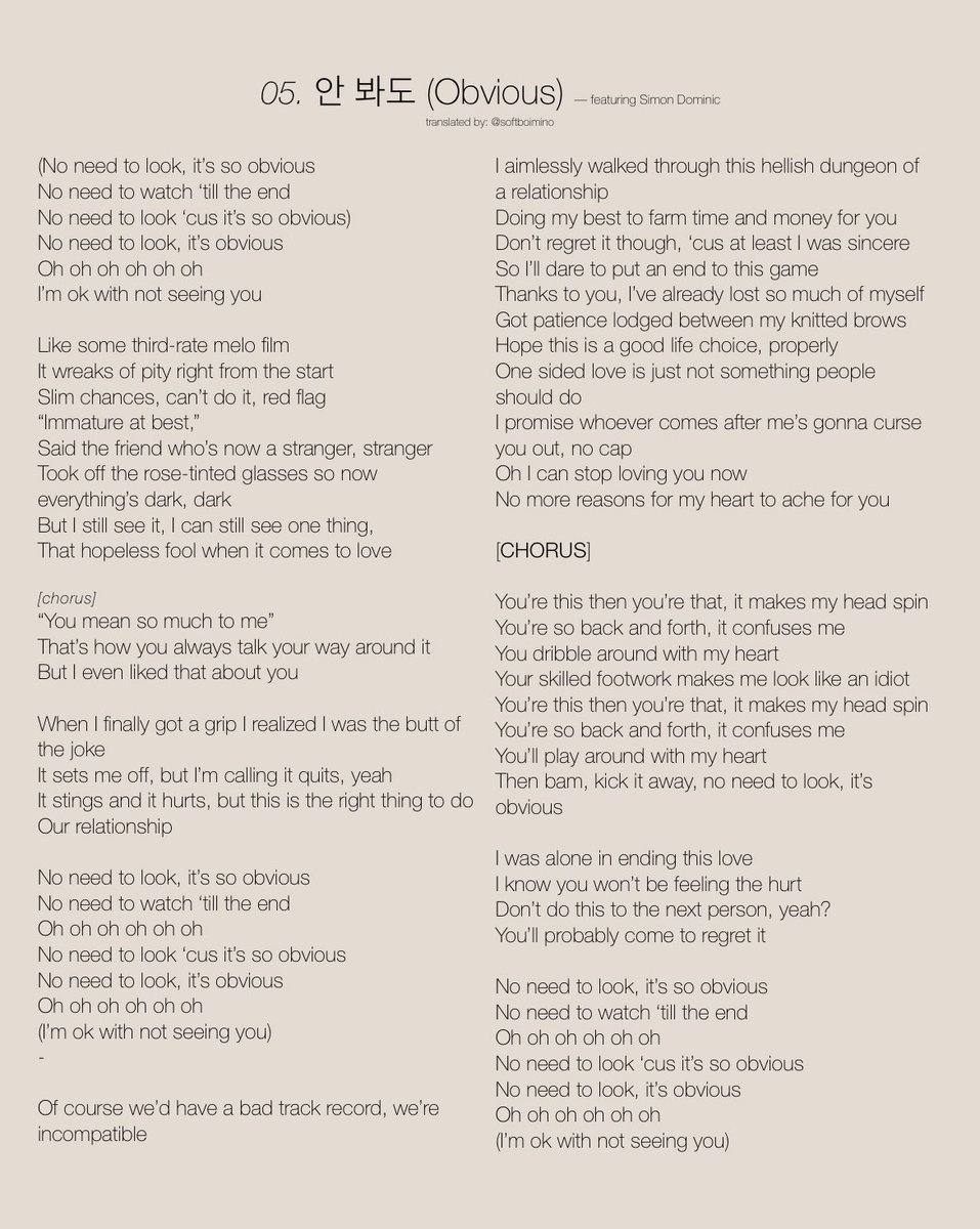 softboimino's tweet photo. Translations of lyrics for '안 봐도 (OBVIOUS) - featuring Simon Dominic)', 'BETTER (with #MINO)', 'CAPTAIN', and '뜨거웠던가요 (WERE WE)' from #SEUNGYOON's first full album [PAGE] <2/3>

#위너 #WINNER #강승윤 #KANGSEUNGYOON @official_yoon_ @yginnercircle @yginnercircle https://t.co/X3vdrePA8U