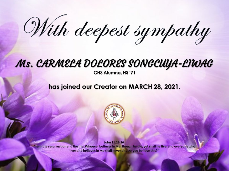 HolySpiritMnl's tweet photo. "Eternal rest grant unto the soul of Ms Carmela Songcuya-Liwag, O Lord. And let perpetual light shine upon her. May she rest in peace. AMEN"
(Ms. Carmela Songcuya-Liwag is the eldest sister of Necelia Songcuya Lumanog and Grace Songcuya Mascenon.) https://t.co/ZKTud1AKBk