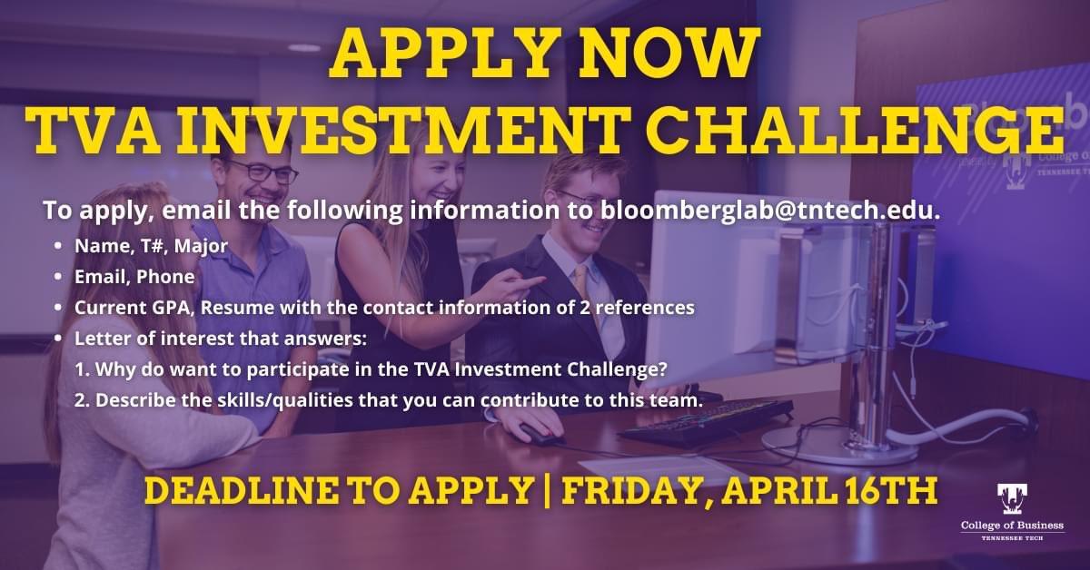 STUDENTS OF ALL MAJORS- 
Apply TODAY to be a part of the Fall 2021 TVA Investment Challenge! 

➡ Manage a real portfolio worth more than $500,000! 💸
➡ Earn credit for an upper-level finance elective 🏦 

The deadline to apply is Friday, April 16th. Details to apply below ⬇