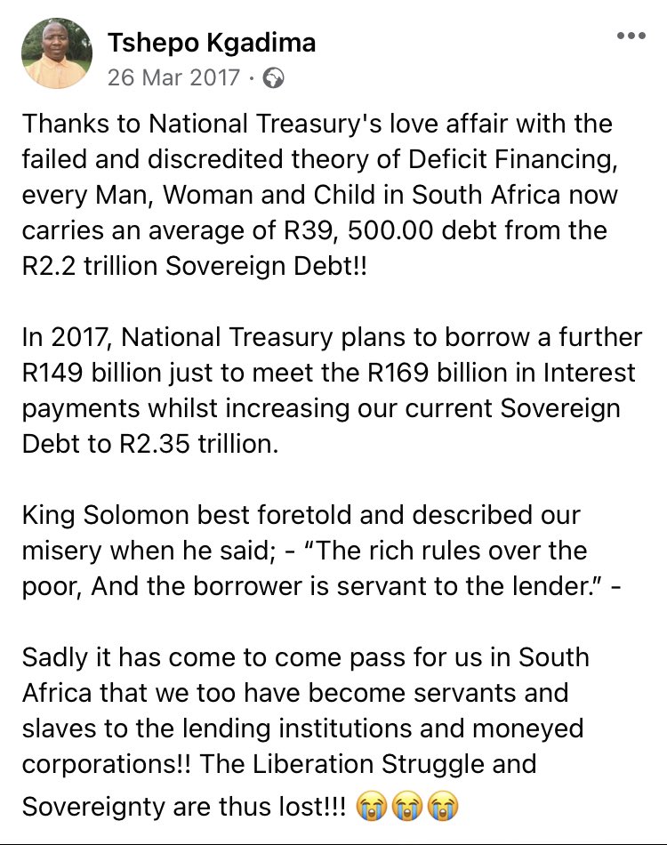 tshepo_kgadima's tweet image. @tumisangndlovu I’ve long warned about the perils of @TreasuryRSA love affair with the discredited fiscal policy of #DeficitFinancing. 

#SA 🇿🇦 has now become an #Empire of #Debt!

Sadly, every Man, Woman &amp;amp; Child now has a #Debt 💸 of R65,787.29 they’ll never be able to pay back!