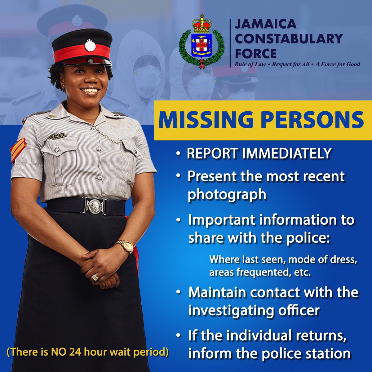 We are reminding the public to report persons, who they believe are missing, to the police immediately. There is no 24 hour wait period. Additionally, we ask for detailed information to assist in the investigative process.