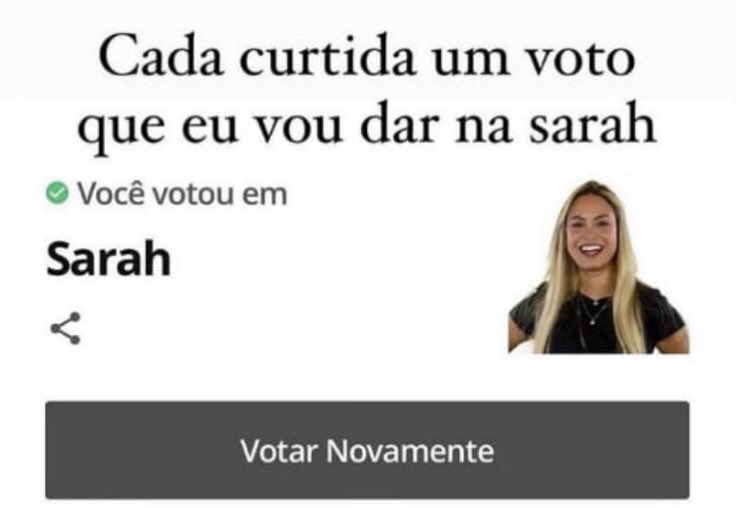 Rafaellaa_ss's tweet photo. A cada curtida eu triplico os votos na BolsoSarah

#ForaSarah #FicaJuliette #BBB21 #EliminacaoBBB https://t.co/spgoa5cHYm