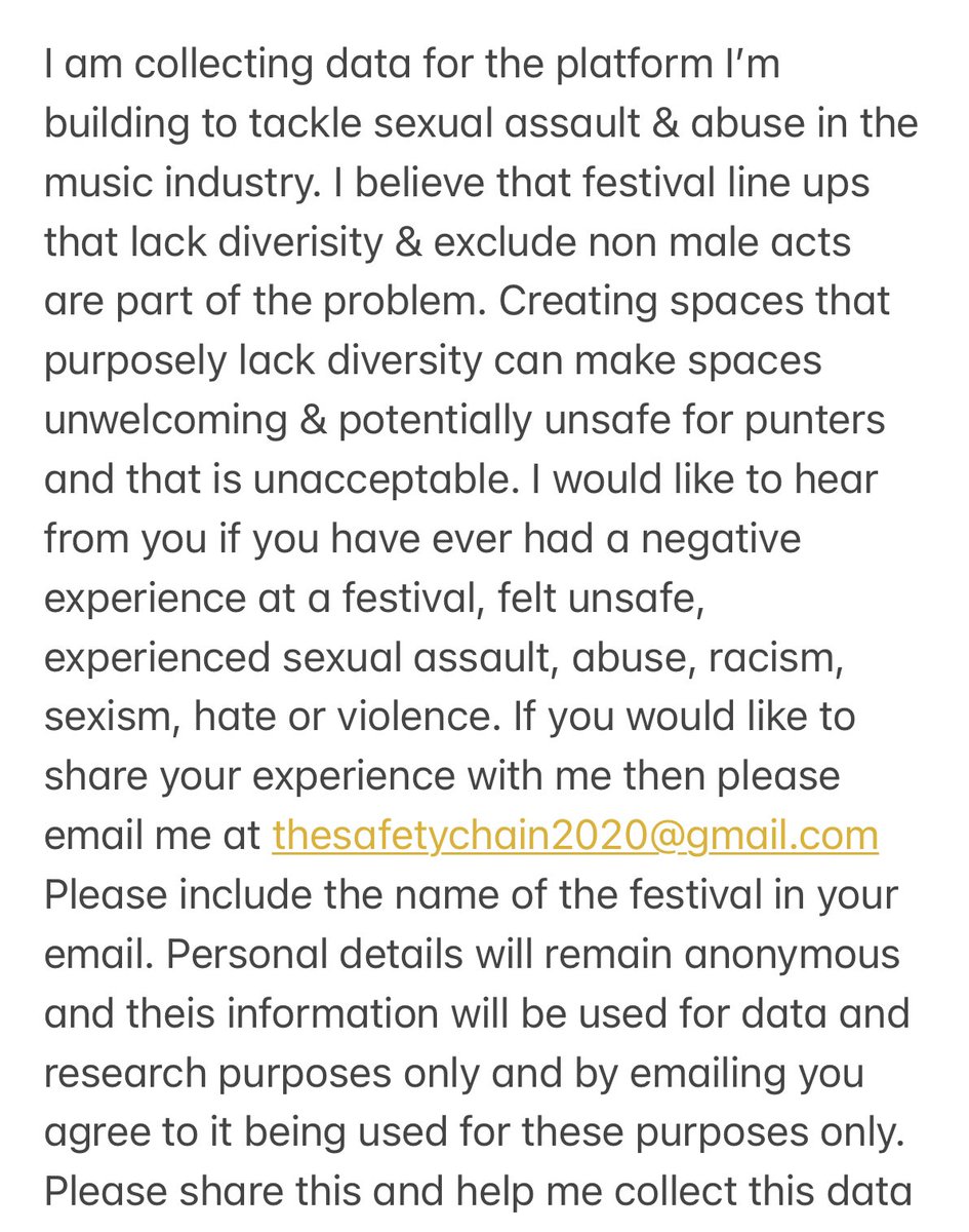 katenash's tweet photo. Please email me your negative experiences at festivals related to these issues. Sexism, racism, hate, violence, sexual abuse, assualt, rape. Anything you are comfortable sharing will be kept anonymous &amp; used as data for research. Music industry I’m comin for u. #changethescene https://t.co/x1pf760Dll