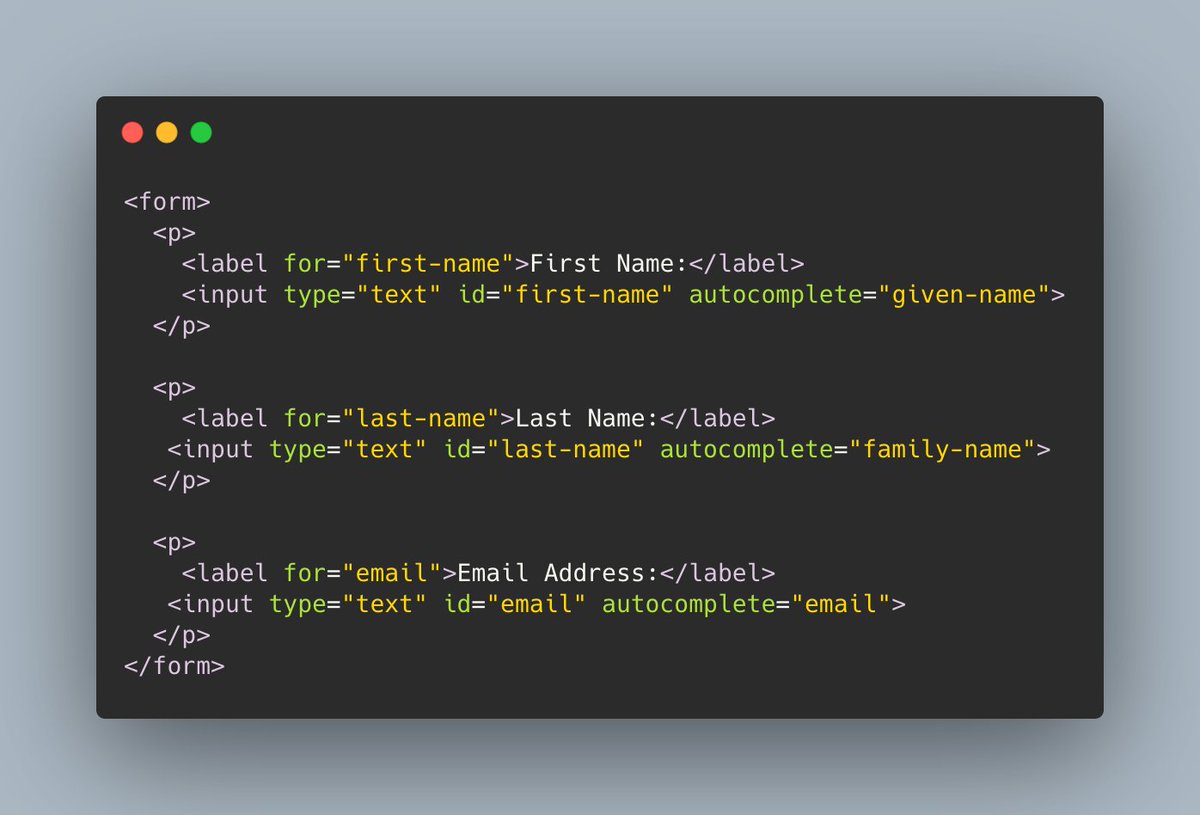 rleggos's tweet photo. Did you know HTML form fields for personal info need `autocomplete` attributes to be accessible?

Here are all the available `autocomplete` values: https://t.co/GAW8NlIkQ6

See WCAG success criterion 1.3.5 for more info: https://t.co/r5VkftRb2H

https://t.co/zITqL061Yy

#a11y https://t.co/9fst9eAwA0