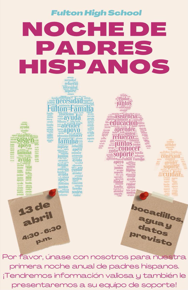 fulton2024's tweet photo. ¡Noche de Padres Hispanos!
13 de abril 4:30-6:30
•••••••••
Hispanic Parent Night! 
April 13th 4:30-6:30
@FultonHigh https://t.co/wkZaCvueSs