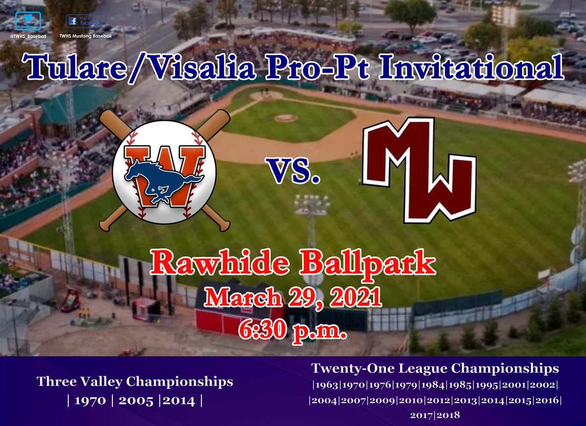 TWHS_Baseball's tweet photo. Baseball Under The Lights
@TWHS_Baseball vs. Mt. Whitney at @VisaliaRawhide beginning at 6:30 p.m.
#GoTWMustangs https://t.co/WQgwRzdTfm
