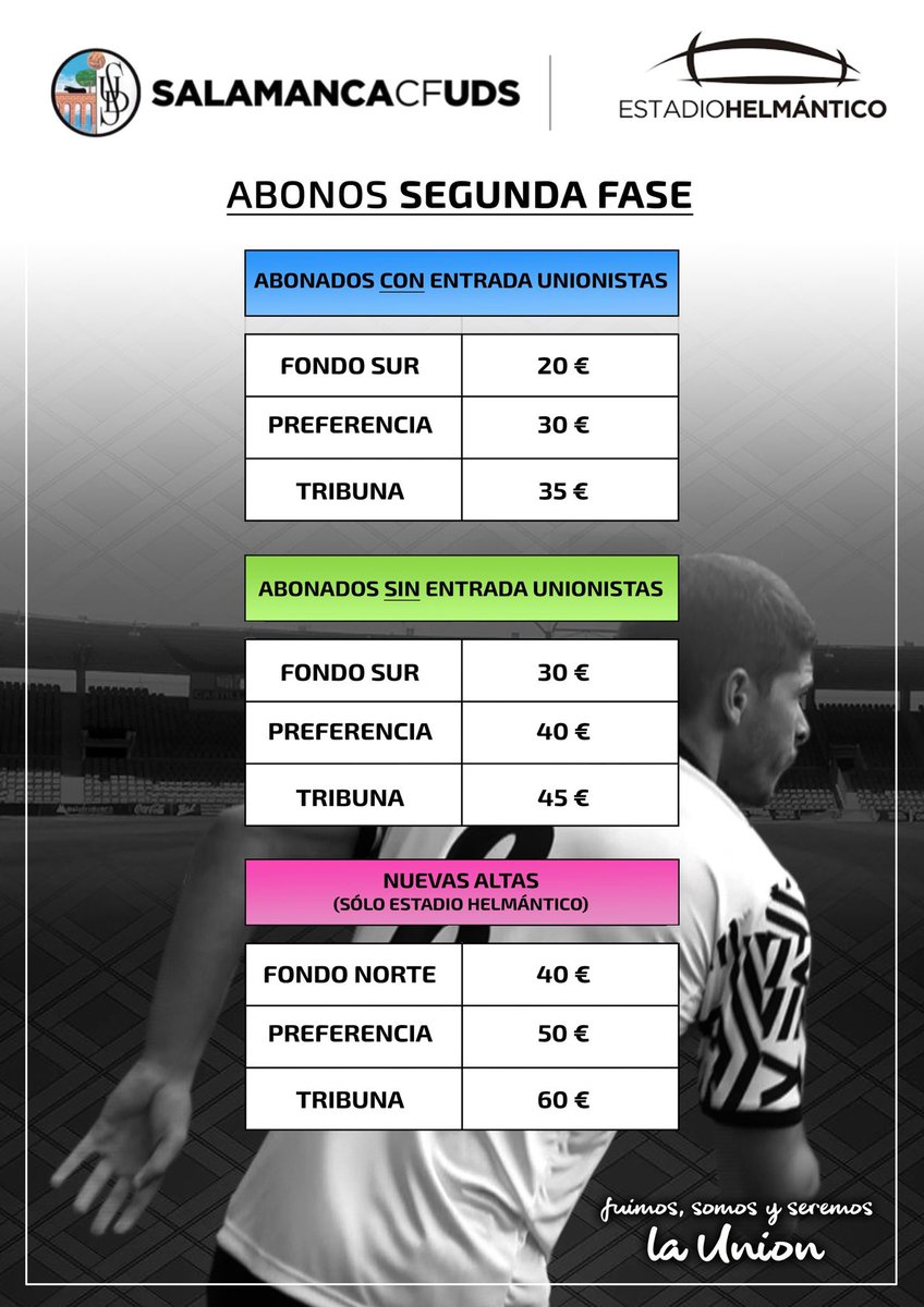 SalamancaCFUDS's tweet photo. 🎟 ABONOS | "El @SalamancaCFUDS pone a la venta los abonos para la segunda fase a precios más que asequibles"

👉🏼 https://t.co/MHuhHlwNy3

🏳️ #SomosUnión 🏴 https://t.co/Lw0PGX37TT